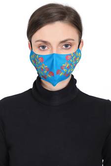 3-Ply Reusable Rayon Blue & Multi Floral Leaf Block Painted Poly Cotton Fabric Fashion Mask