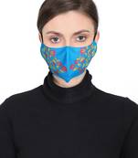 3-Ply Reusable Rayon Blue & Multi Floral Leaf Block Painted Poly Cotton Fabric Fashion Mask