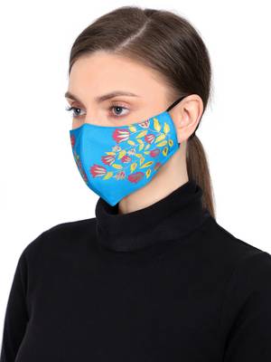 3-Ply Reusable Rayon Blue & Multi Floral Leaf Block Painted Poly Cotton Fabric Fashion Mask 2