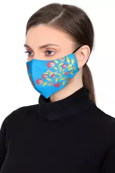 3-Ply Reusable Rayon Blue & Multi Floral Leaf Block Painted Poly Cotton Fabric Fashion Mask