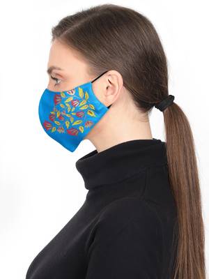3-Ply Reusable Rayon Blue & Multi Floral Leaf Block Painted Poly Cotton Fabric Fashion Mask 3