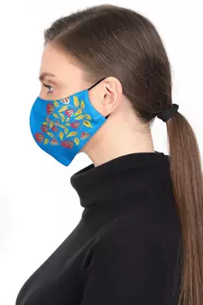 3-Ply Reusable Rayon Blue & Multi Floral Leaf Block Painted Poly Cotton Fabric Fashion Mask
