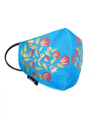 3-Ply Reusable Rayon Blue & Multi Floral Leaf Block Painted Poly Cotton Fabric Fashion Mask 4