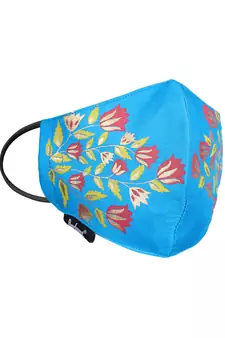 3-Ply Reusable Rayon Blue & Multi Floral Leaf Block Painted Poly Cotton Fabric Fashion Mask