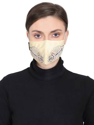 3-Ply Cream & Gold Embellished Art Silk Fabric Fashion Mask 1