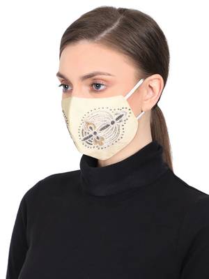 3-Ply Cream & Gold Embellished Art Silk Fabric Fashion Mask 2