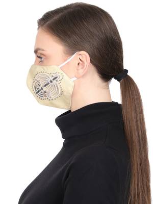3-Ply Cream & Gold Embellished Art Silk Fabric Fashion Mask 3