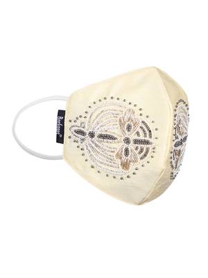 3-Ply Cream & Gold Embellished Art Silk Fabric Fashion Mask 4