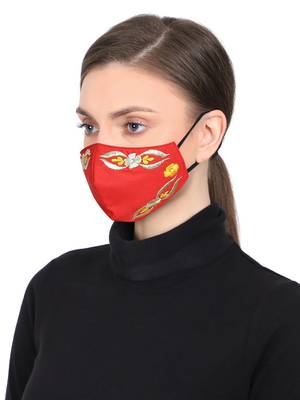 3-Ply Red Yellow & Gold Abstract Embroiderd Poly Cotton Fabric Fashion Mask 2