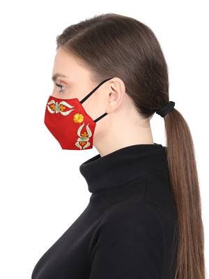 3-Ply Red Yellow & Gold Abstract Embroiderd Poly Cotton Fabric Fashion Mask 3