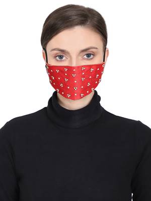 3-Ply Red & Gold Art Silk Embellished Fabric Fashion Mask 1