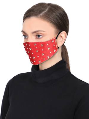 3-Ply Red & Gold Art Silk Embellished Fabric Fashion Mask 2