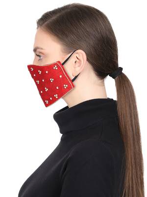 3-Ply Red & Gold Art Silk Embellished Fabric Fashion Mask 3