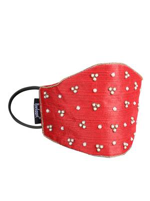 3-Ply Red & Gold Art Silk Embellished Fabric Fashion Mask 4