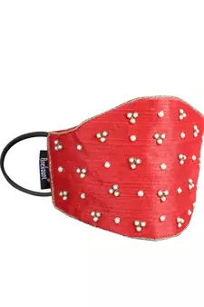 3-Ply Red & Gold Art Silk Embellished Fabric Fashion Mask