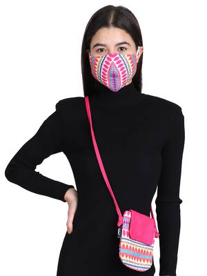 3-Ply Pink & Multi Cotton Jacquard Fabric Fashion Mask With Mobile Sling 1