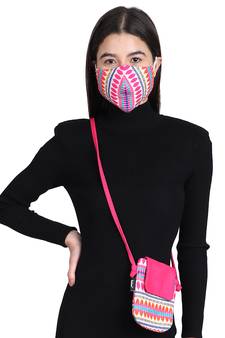 3-Ply Pink & Multi Cotton Jacquard Fabric Fashion Mask With Mobile Sling
