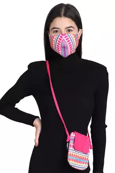3-Ply Pink & Multi Cotton Jacquard Fabric Fashion Mask With Mobile Sling