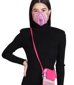 3-Ply Pink & Multi Cotton Jacquard Fabric Fashion Mask With Mobile Sling