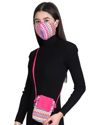 3-Ply Pink & Multi Cotton Jacquard Fabric Fashion Mask With Mobile Sling 2