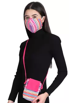3-Ply Pink & Multi Cotton Jacquard Fabric Fashion Mask With Mobile Sling