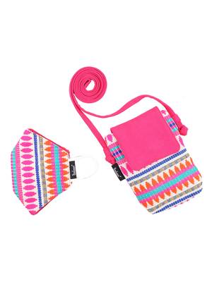 3-Ply Pink & Multi Cotton Jacquard Fabric Fashion Mask With Mobile Sling 3