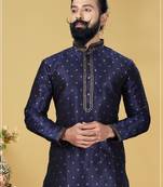 Silk Zari Buta Embroidered Designer Navy Blue Kurta