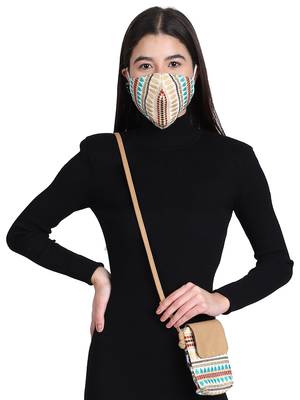 3-Ply Beige & Multi Cotton Jacquard Fabric Fashion Mask With Mobile Sling 1