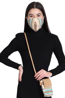 3-Ply Beige & Multi Cotton Jacquard Fabric Fashion Mask With Mobile Sling