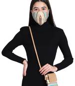 3-Ply Beige & Multi Cotton Jacquard Fabric Fashion Mask With Mobile Sling