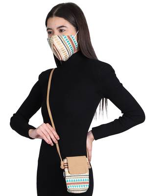 3-Ply Beige & Multi Cotton Jacquard Fabric Fashion Mask With Mobile Sling 2