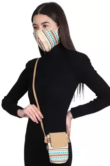 3-Ply Beige & Multi Cotton Jacquard Fabric Fashion Mask With Mobile Sling
