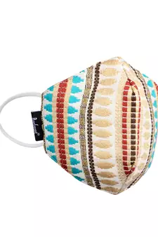 3-Ply Beige & Multi Cotton Jacquard Fabric Fashion Mask With Mobile Sling