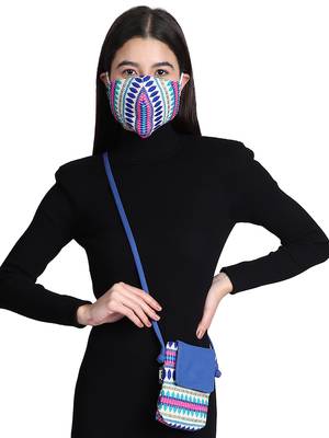 3-Ply Blue & Multi Cotton Jacquard Fabric Fashion Mask With Mobile Sling 1