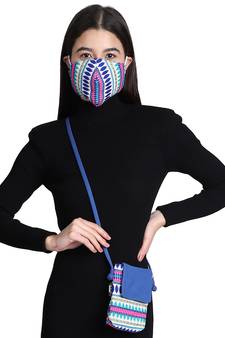 3-Ply Blue & Multi Cotton Jacquard Fabric Fashion Mask With Mobile Sling