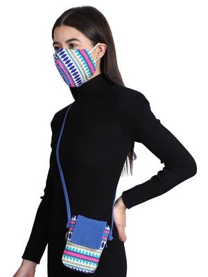 3-Ply Blue & Multi Cotton Jacquard Fabric Fashion Mask With Mobile Sling 2