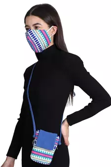 3-Ply Blue & Multi Cotton Jacquard Fabric Fashion Mask With Mobile Sling