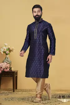 Silk Zari Buta Embroidered Designer Navy Blue Kurta