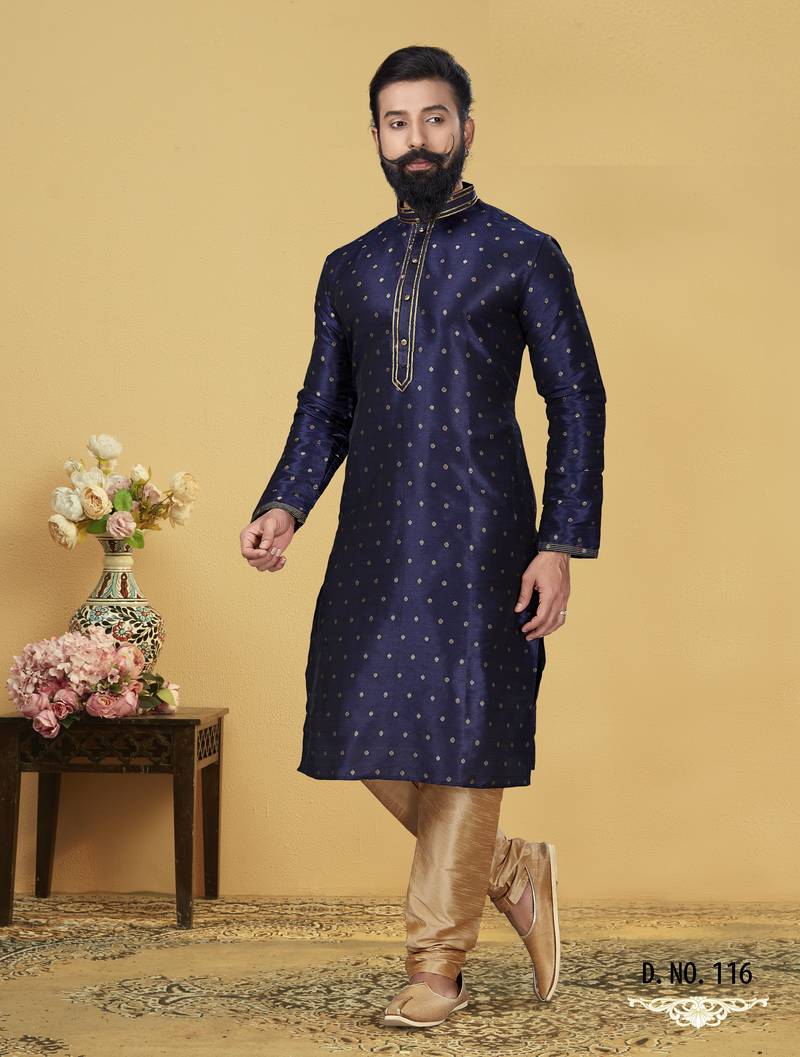 Silk Zari Buta Embroidered Designer Navy Blue Kurta
