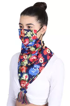 3-Ply Reusable Navy & Multi Floral Printed Poly Cotton Scarf Style Fashion Mask