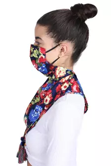 3-Ply Reusable Navy & Multi Floral Printed Poly Cotton Scarf Style Fashion Mask