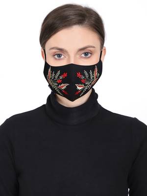 3-Ply Reusable Black Red & Gold Embroidered Cotton Fabric Fashion Mask 1
