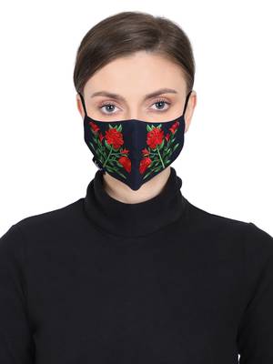 3-Ply Reusable Navy Red & Green Floral Embroidered Cotton Fabric Fashion Mask 1