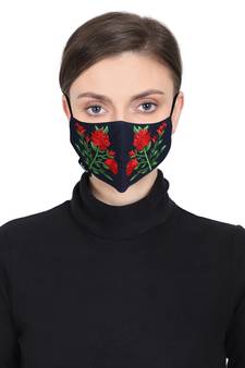 3-Ply Reusable Navy Red & Green Floral Embroidered Cotton Fabric Fashion Mask