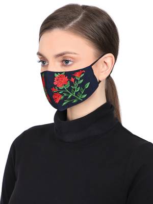 3-Ply Reusable Navy Red & Green Floral Embroidered Cotton Fabric Fashion Mask 2