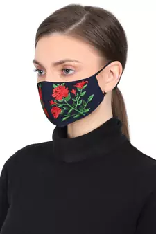 3-Ply Reusable Navy Red & Green Floral Embroidered Cotton Fabric Fashion Mask