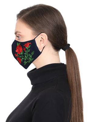 3-Ply Reusable Navy Red & Green Floral Embroidered Cotton Fabric Fashion Mask 3