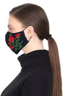 3-Ply Reusable Navy Red & Green Floral Embroidered Cotton Fabric Fashion Mask