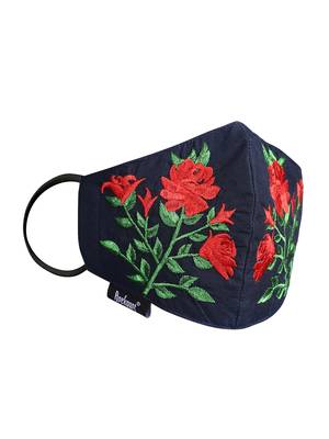 3-Ply Reusable Navy Red & Green Floral Embroidered Cotton Fabric Fashion Mask 4