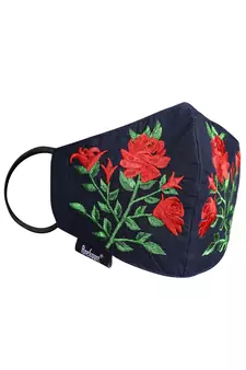 3-Ply Reusable Navy Red & Green Floral Embroidered Cotton Fabric Fashion Mask